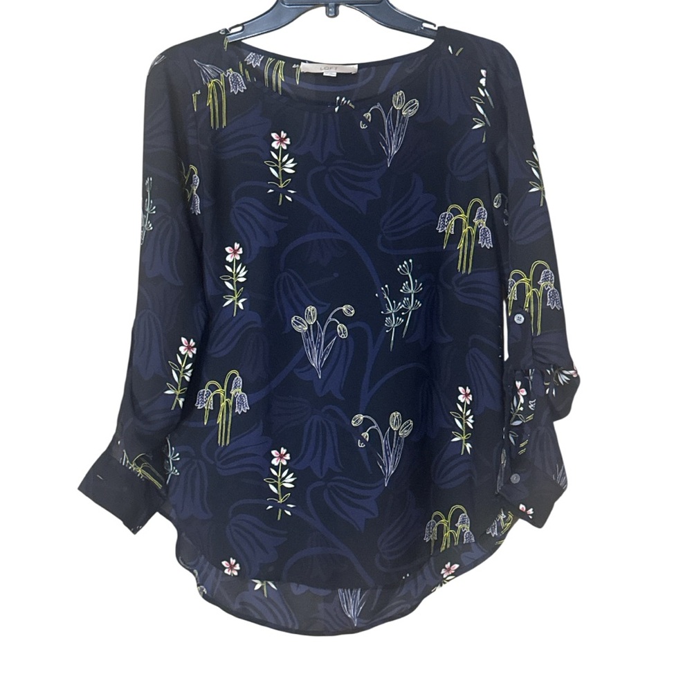 LOFT Navy Floral Button-Tab Sleeve Blouse - Size XS